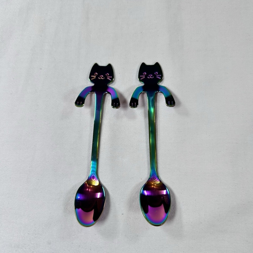 Stainless Steel Coffee Spoon Purple Blue Lovely Cute Cat Shape Teaspoon Dessert